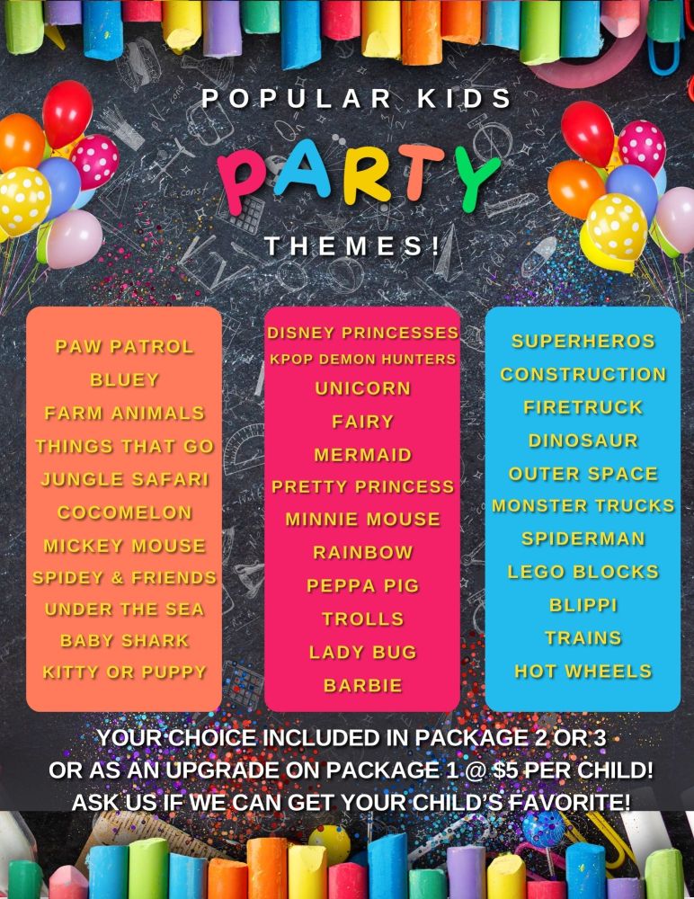 Colorful party themes list with balloons and chalkboard background.