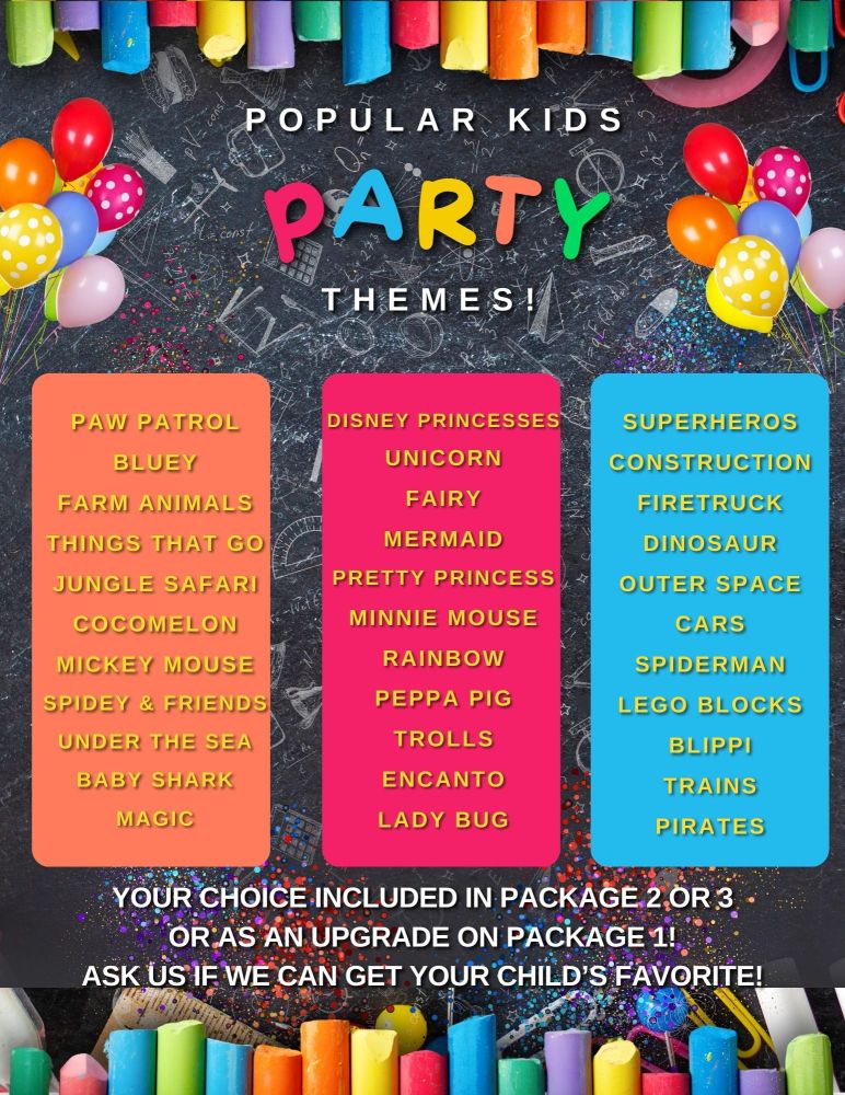 Chalkboard with colorful text listing popular kids' party themes and balloons around the edges.