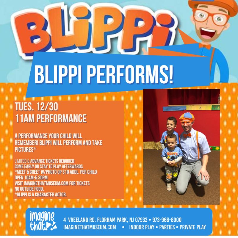 Blippi event flyer with performance details and a photo with children.
