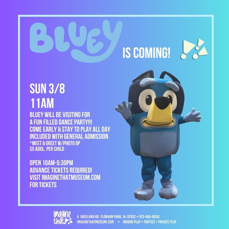 Bluey character in costume with event details for a dance party on a blue background.