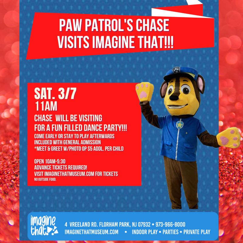 Flyer for Paw Patrol's Chase visit at Imagine That with event details and photo.