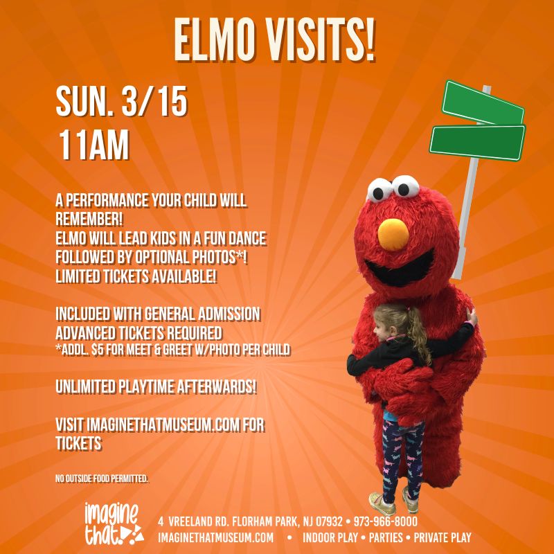 Event poster: Elmo visits with date, time, and details on children's performance and photo op.