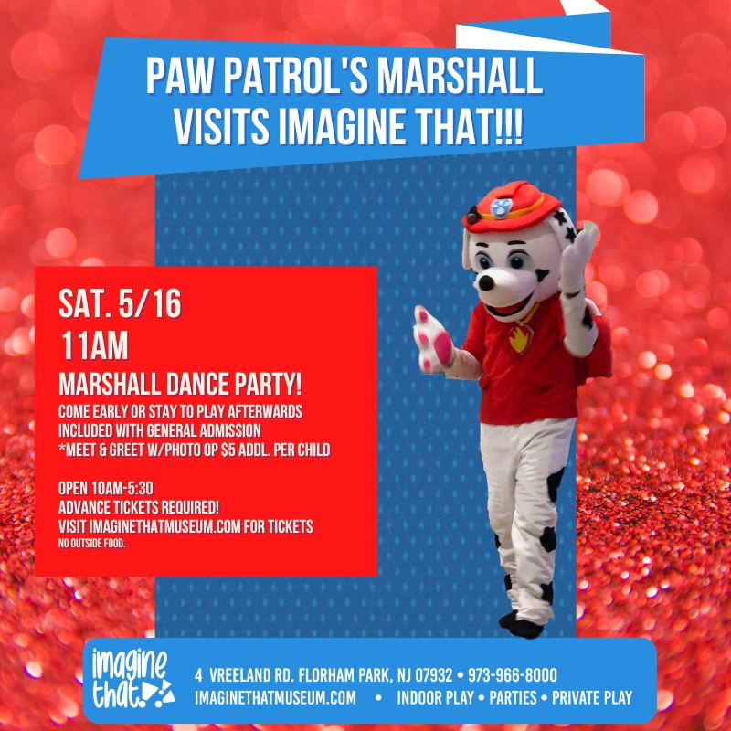 Cartoon dog character on red background with event details for May 16th.