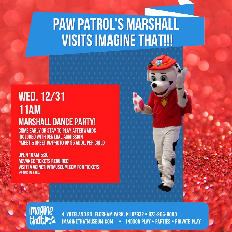 Event flyer featuring a Marshall mascot from Paw Patrol promoting a dance party at Imagine That museum.