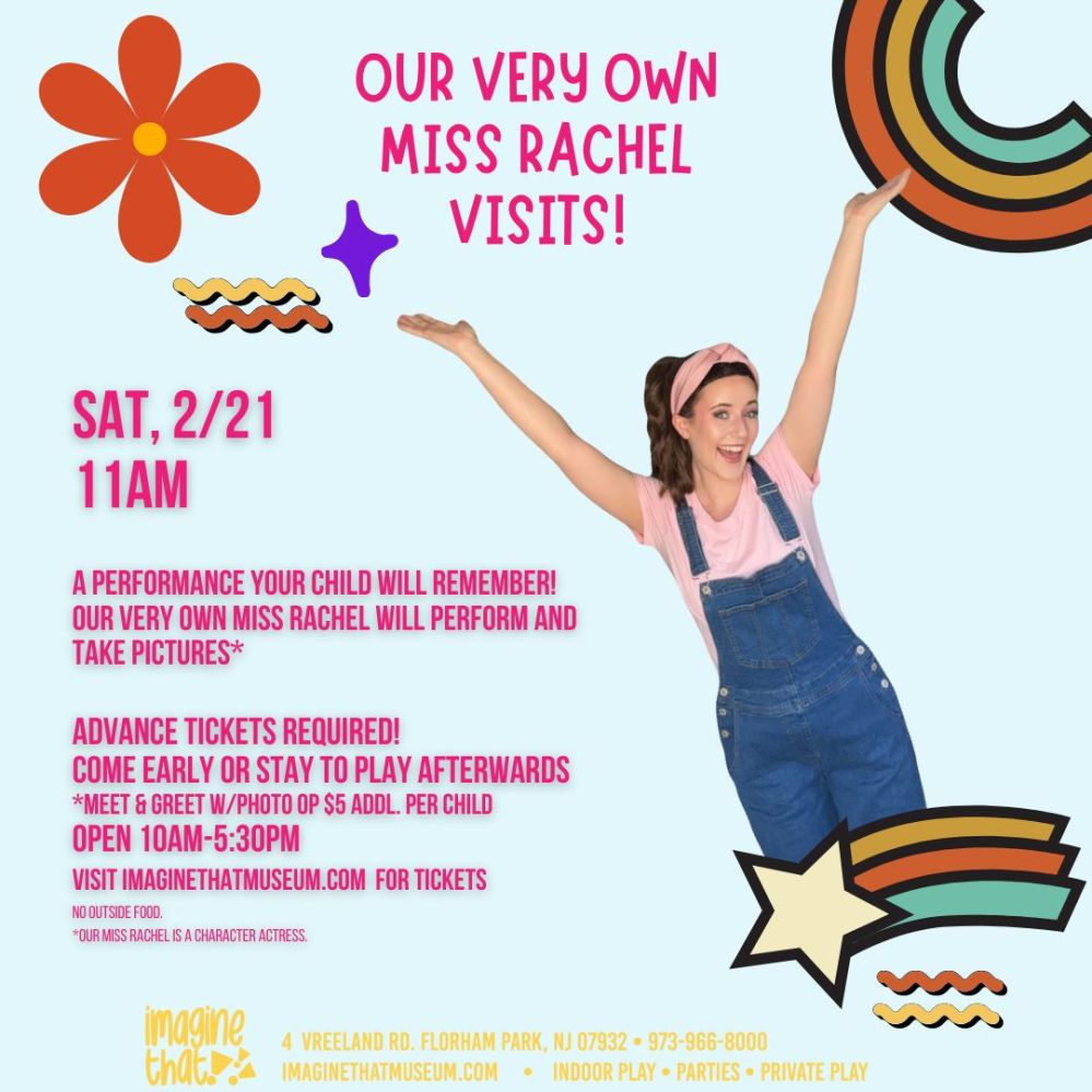 Event flyer with a woman in overalls, colorful shapes, and text about a visit from 'Miss Rachel' on Sat, 2/21 at 11AM.