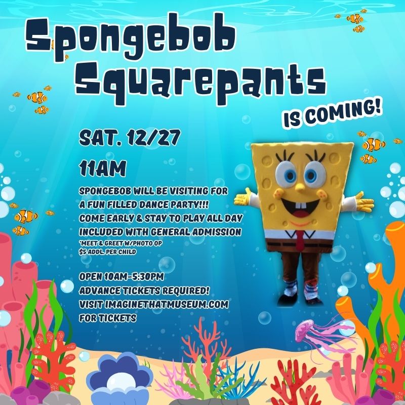 Event poster for SpongeBob SquarePants visit with date, time, and ticket info, featuring ocean background.