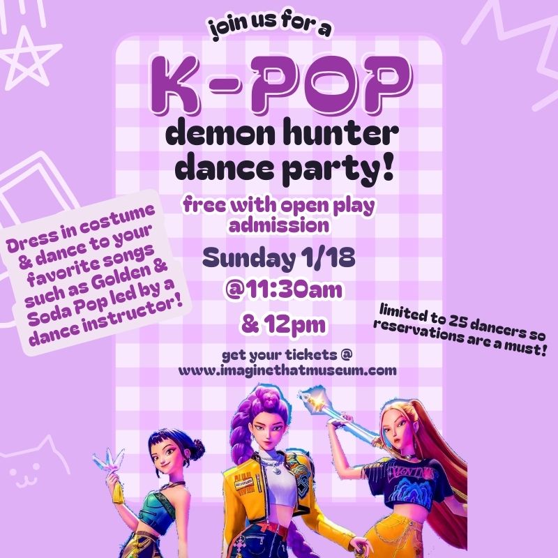 K-Pop dance party flyer with details and animated characters on a purple checkered background.