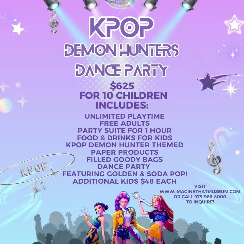 KPOP Demon Hunters dance party flyer with cartoon characters and event details on a purple background.